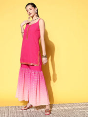 Women's Pink Ombre Printed Gotta Patti Sharara Set With Dupatta-AHKUDUSH-COMBO-537-FF