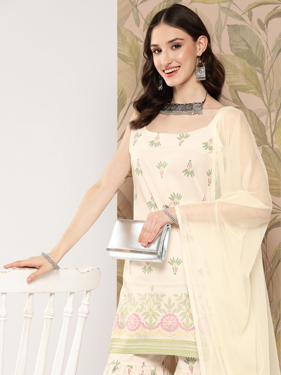 Women's Off White Floral Printed Sharara Set With Dupatta-AHKUDUSH-COMBO-645-ICH