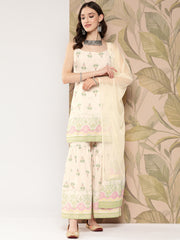 Women's Off White Floral Printed Sharara Set With Dupatta-AHKUDUSH-COMBO-645-ICH