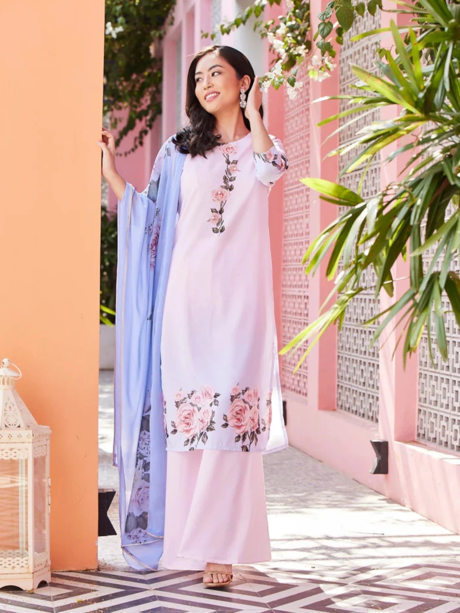 Pastel Pink Floral Sharara Set - Designer Sharara Suits