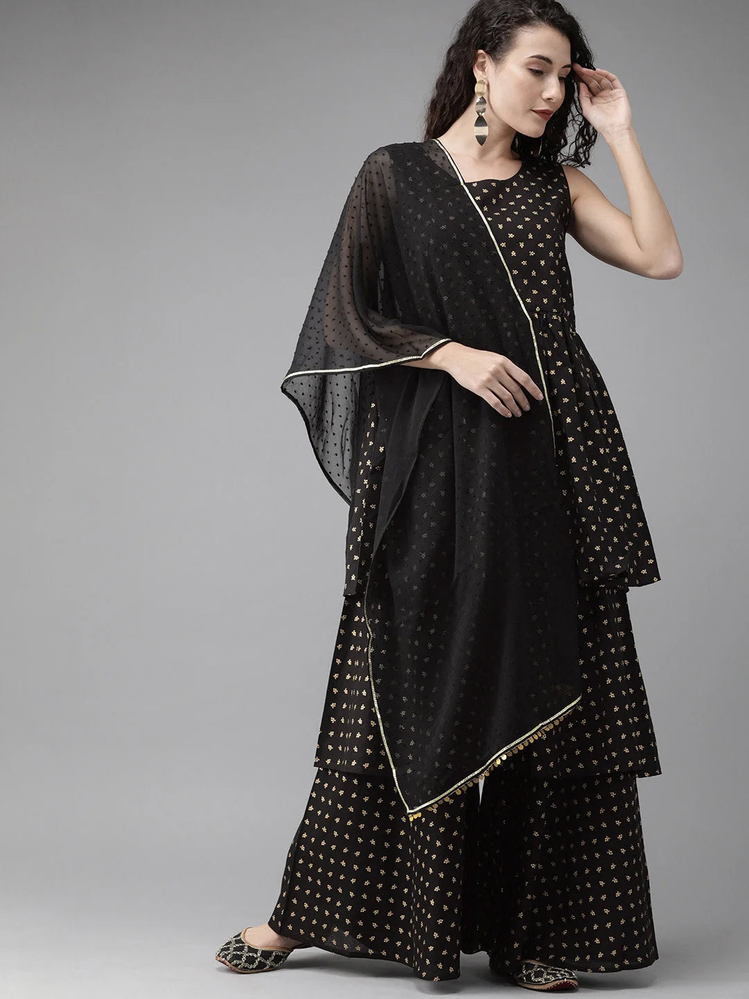 Black & Gold Sharara Suits | Printed Kurta with Sharara & Dupatta