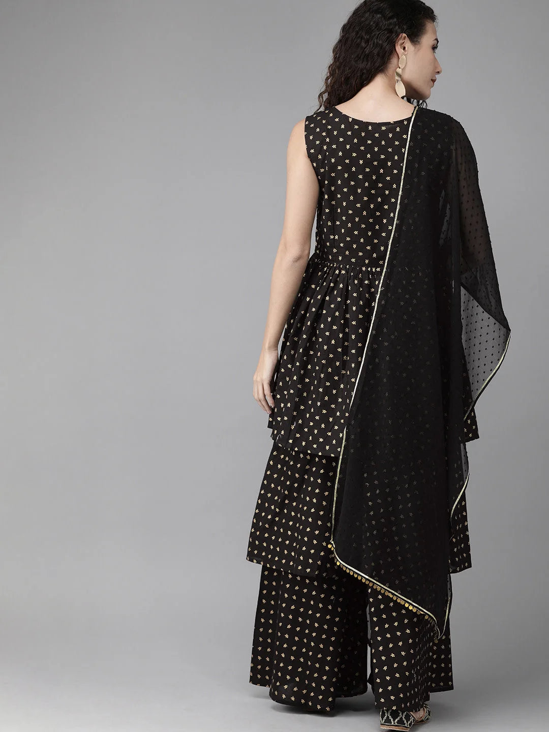 Black & Gold Sharara Suits | Printed Kurta with Sharara & Dupatta