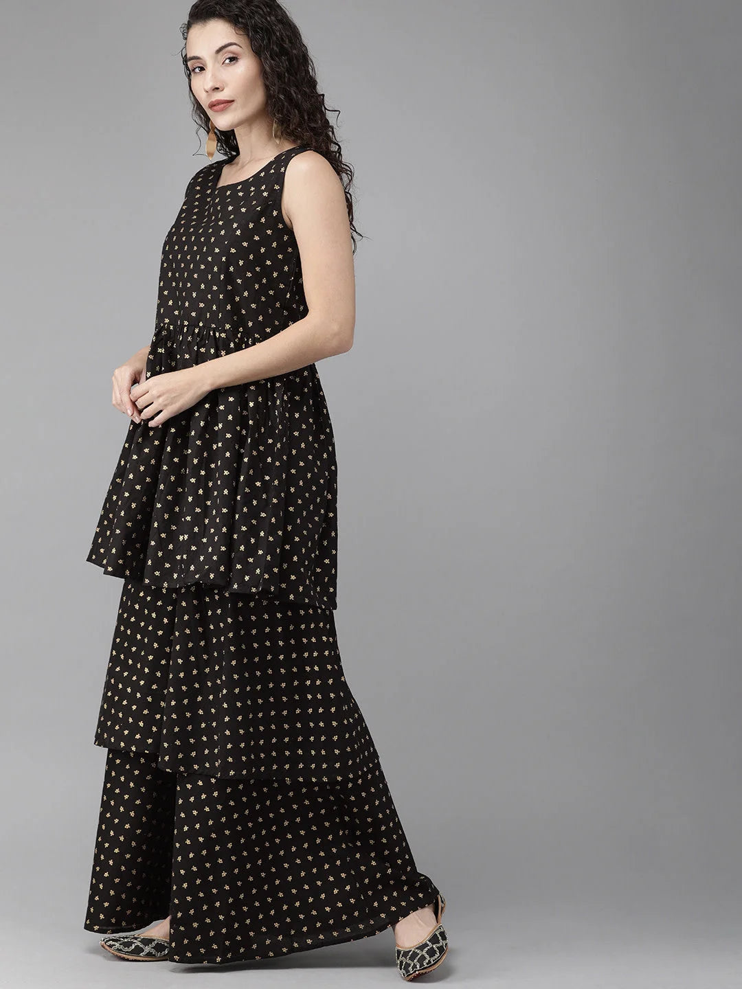 Black & Gold Sharara Suits | Printed Kurta with Sharara & Dupatta