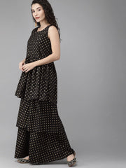Women Black & Golden Printed Tiered Kurta with Sharara & Dupatta-AHKUDUSH-Combo-257