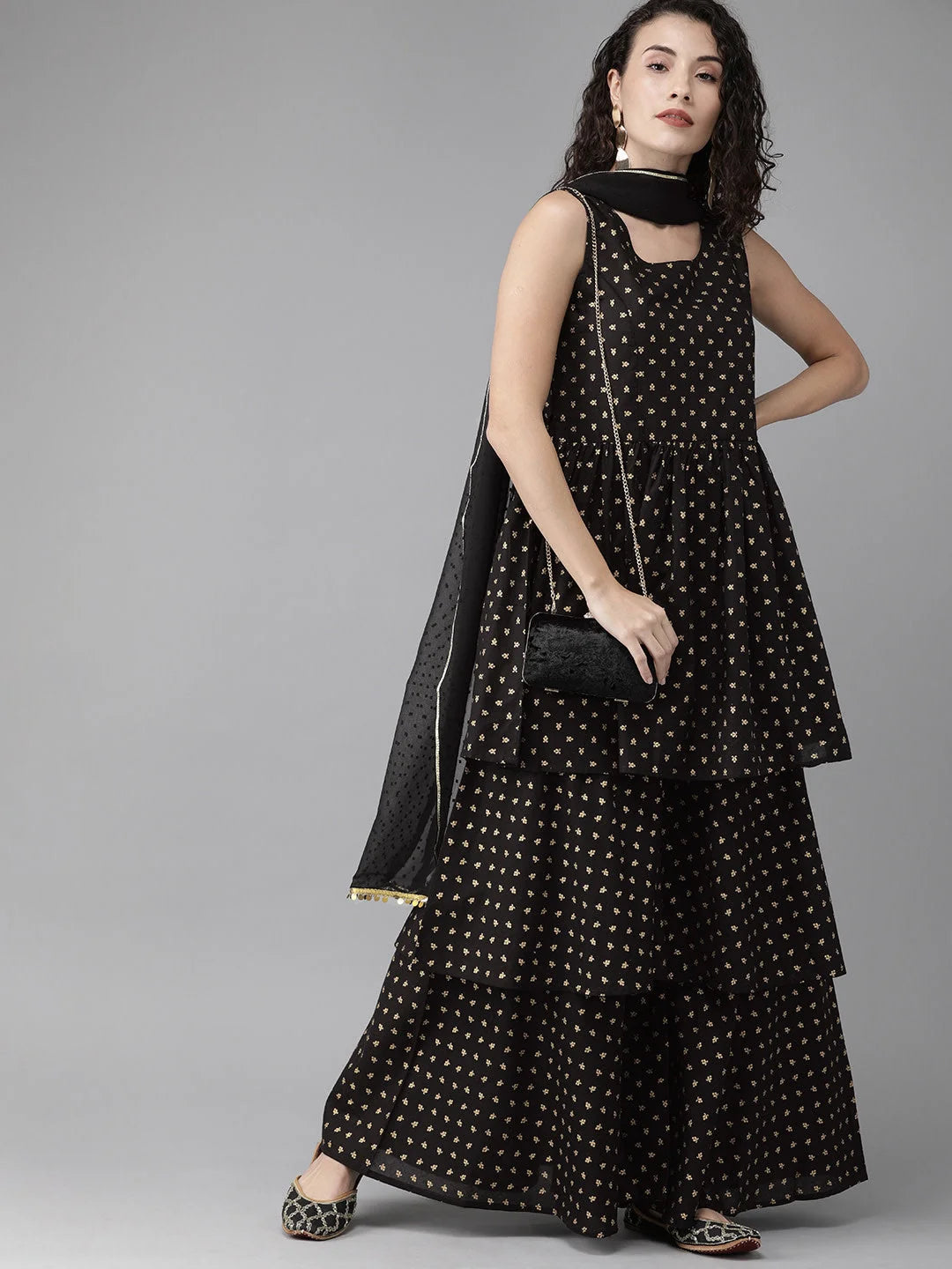 Black & Gold Sharara Suits | Printed Kurta with Sharara & Dupatta
