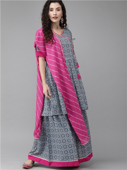 Blue & Pink Printed Kurta Set-AHKUDUSH-Combo-264