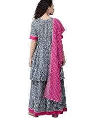 Blue & Pink Printed Kurta Set-AHKUDUSH-Combo-264