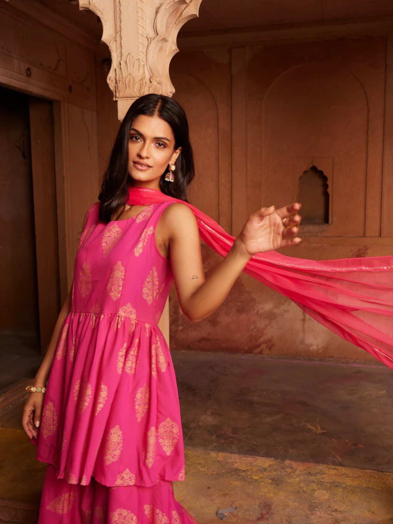 Pink & Golden Foil Print Sharara Set - Designer Sharara Suits