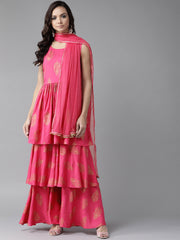 Women's Pink & Golden Foil Print Sharara Set With Dupatta-AHKUDUSH-Combo-265