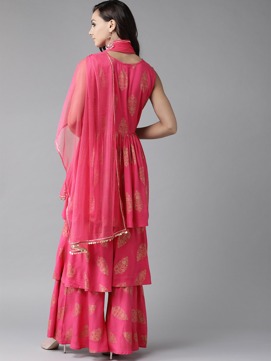 Pink & Golden Foil Print Sharara Set - Designer Sharara Suits