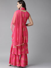 Women's Pink & Golden Foil Print Sharara Set With Dupatta-AHKUDUSH-Combo-265