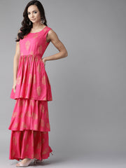 Women's Pink & Golden Foil Print Sharara Set With Dupatta-AHKUDUSH-Combo-265