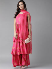 Women's Pink & Golden Foil Print Sharara Set With Dupatta-AHKUDUSH-Combo-265
