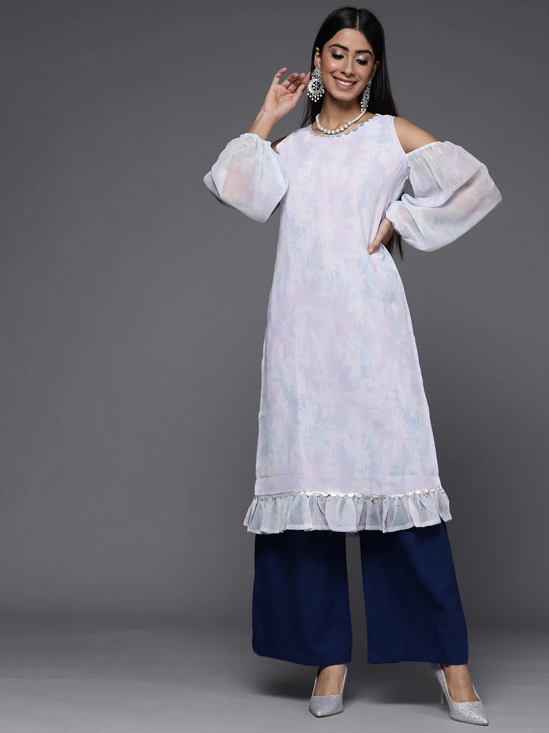 Blue Floral Georgette Gotta Patti Kurta | Indian Kurtis Online