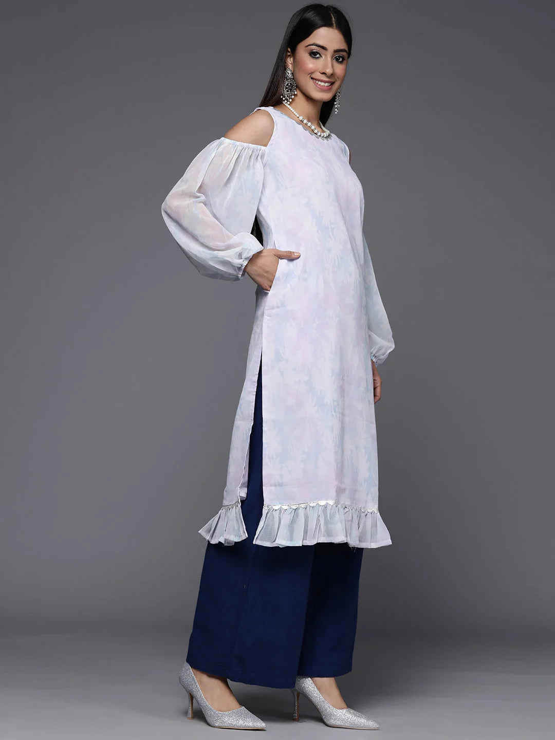 Blue Floral Georgette Gotta Patti Kurta | Indian Kurtis Online