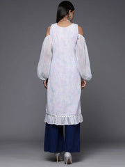 Women Blue & White Floral Printed Cold-Shoulder Sleeves Gotta Patti Georgette Kurta-AHKUGRDP-1035