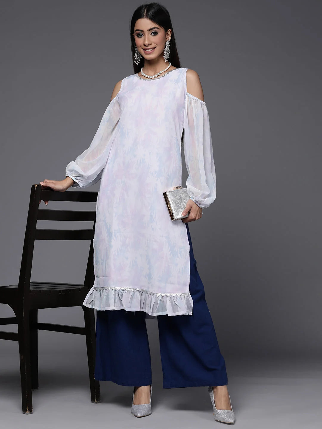 Blue Floral Georgette Gotta Patti Kurta | Indian Kurtis Online