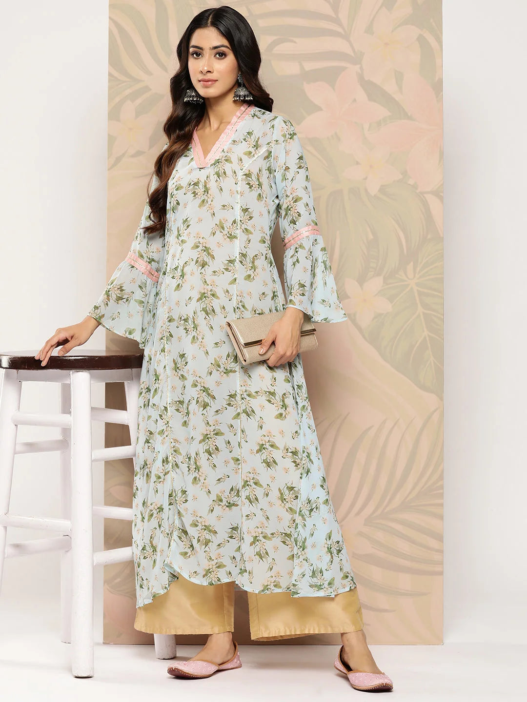 Blue Floral Printed Georgette Indian Kurtis for Women Online