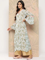 Blue Floral Printed Gotta Patti Georgette Kurta-AHKUGRDP-671