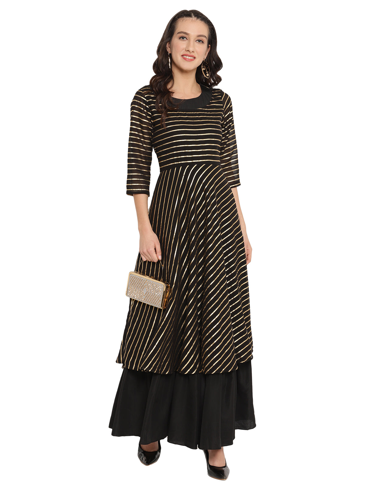 Black & Gold Striped Maxi Dress | Indian Dresses Online
