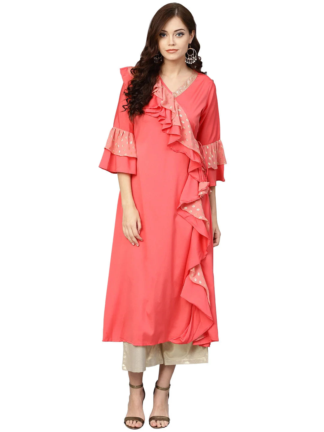 Coral Pink Solid Ruffle Detail Angrakha Kurta-AHKUGRFPDS-805