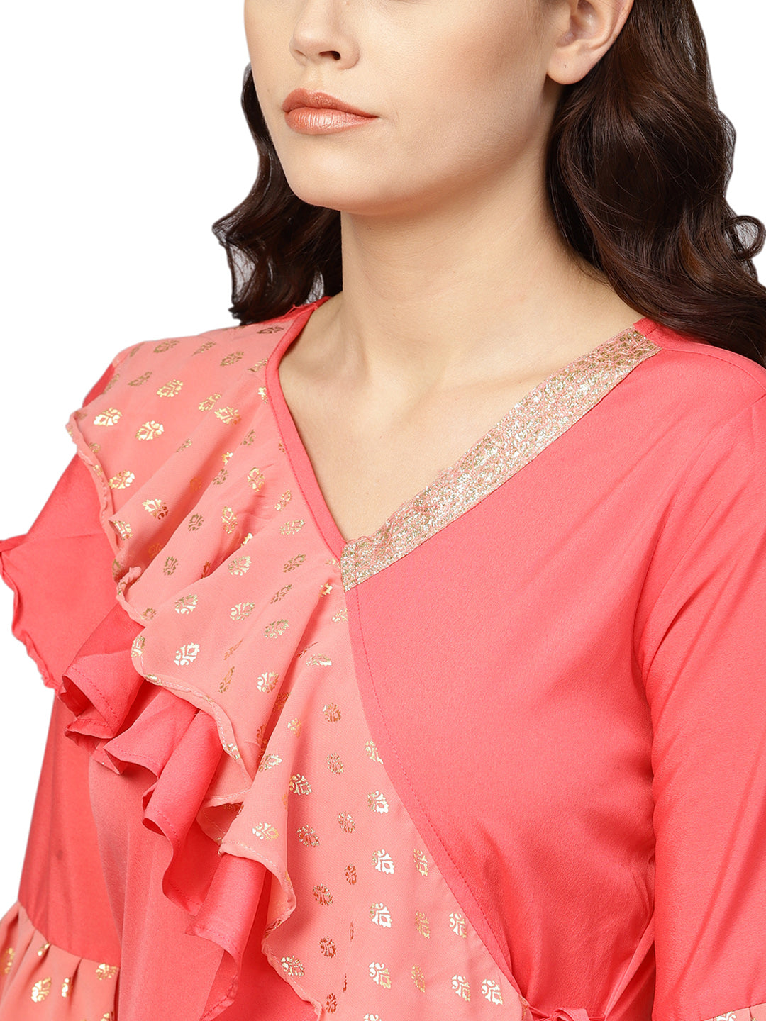 Coral Angrakha Kurta with Ruffle Detail | Indian Kurtis Online
