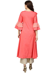 Coral Pink Solid Ruffle Detail Angrakha Kurta-AHKUGRFPDS-805