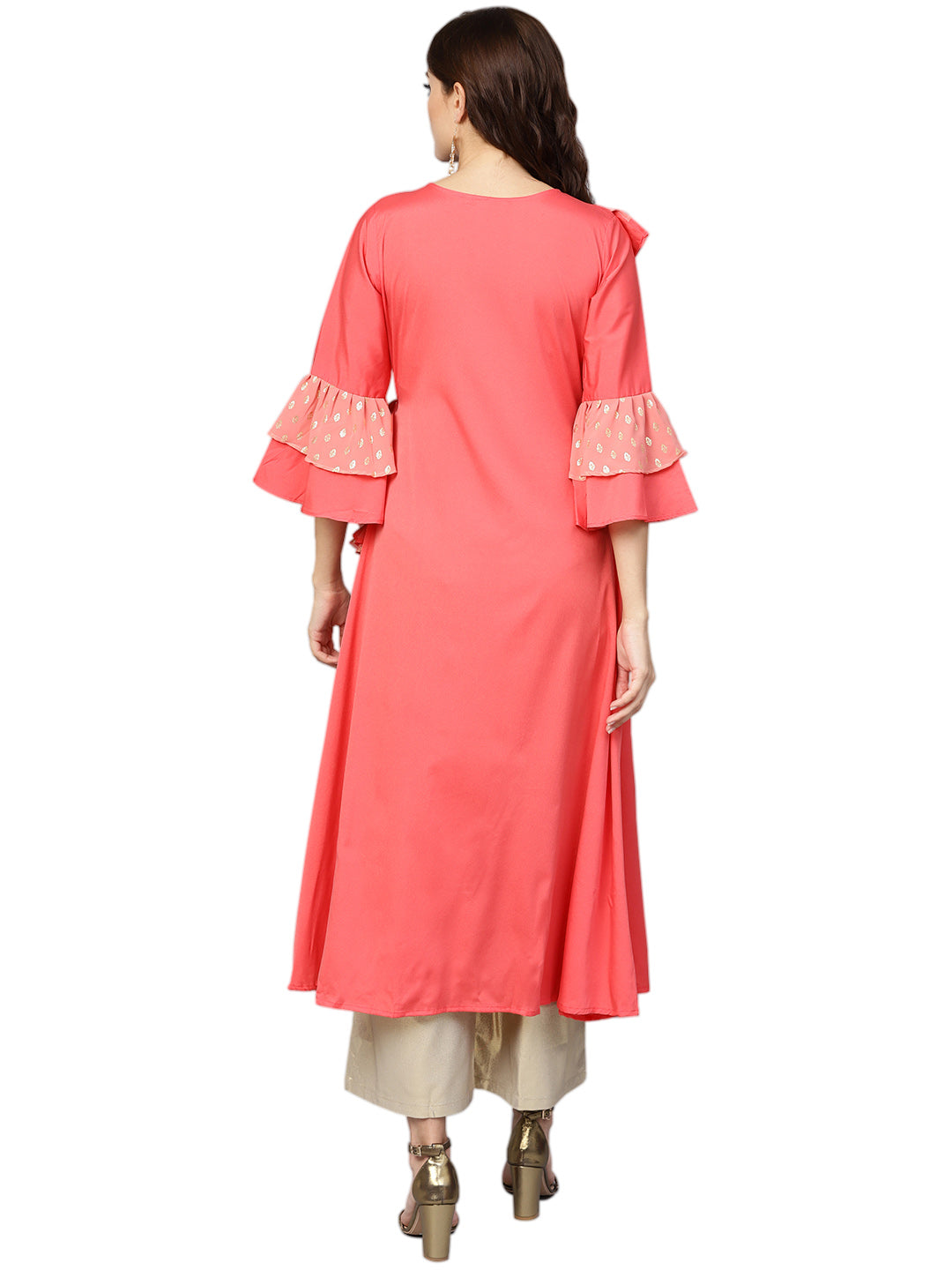 Coral Angrakha Kurta with Ruffle Detail | Indian Kurtis Online