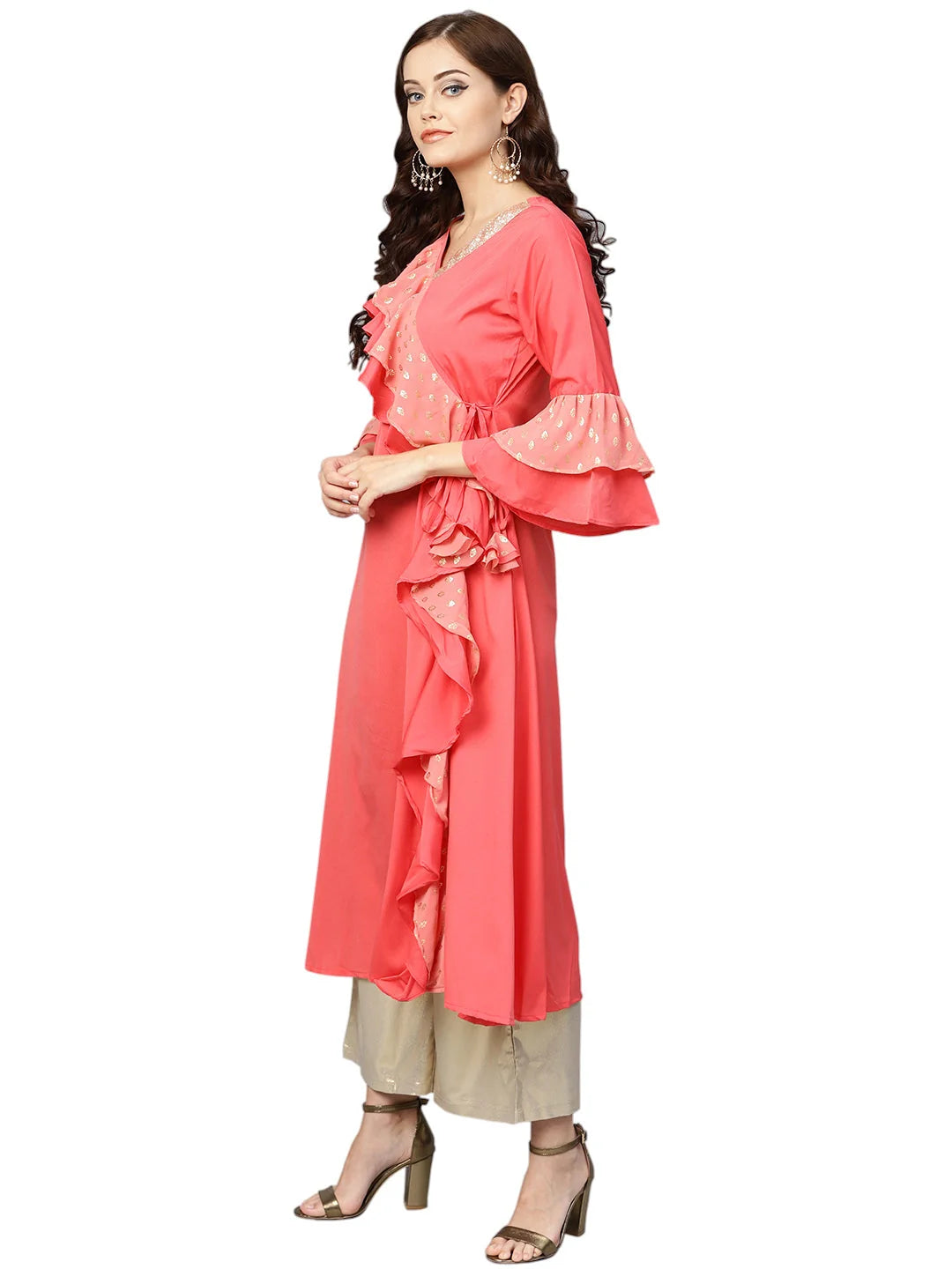 Coral Angrakha Kurta with Ruffle Detail | Indian Kurtis Online