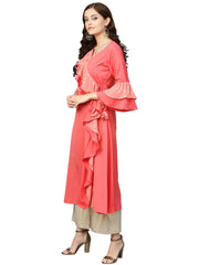 Coral Pink Solid Ruffle Detail Angrakha Kurta-AHKUGRFPDS-805