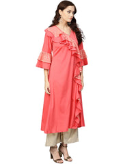 Coral Pink Solid Ruffle Detail Angrakha Kurta-AHKUGRFPDS-805