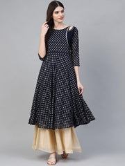 Navy-Blue Gold Foil Printed Straight Kurta-AHKUGRFPDS-852