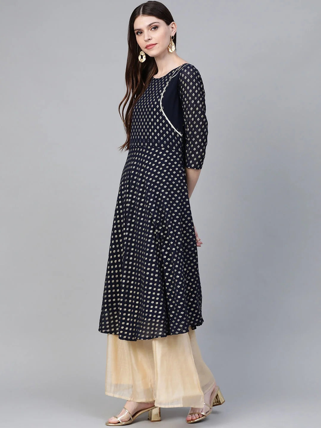 Navy & Gold Floral Indian Kurta for Women | Stylish Kurtas