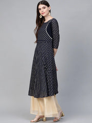 Navy-Blue Gold Foil Printed Straight Kurta-AHKUGRFPDS-852