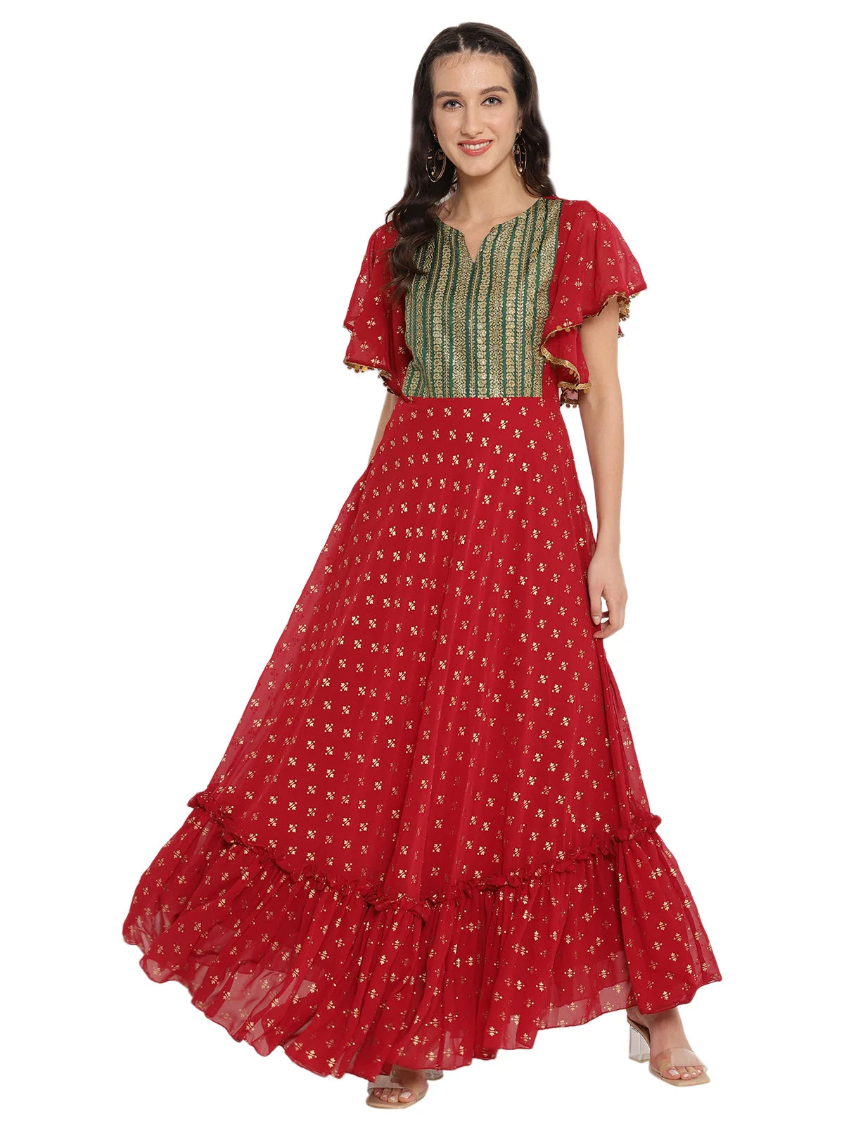 Maroon & Gold Printed Fit & Flare Dress | Indian Dresses