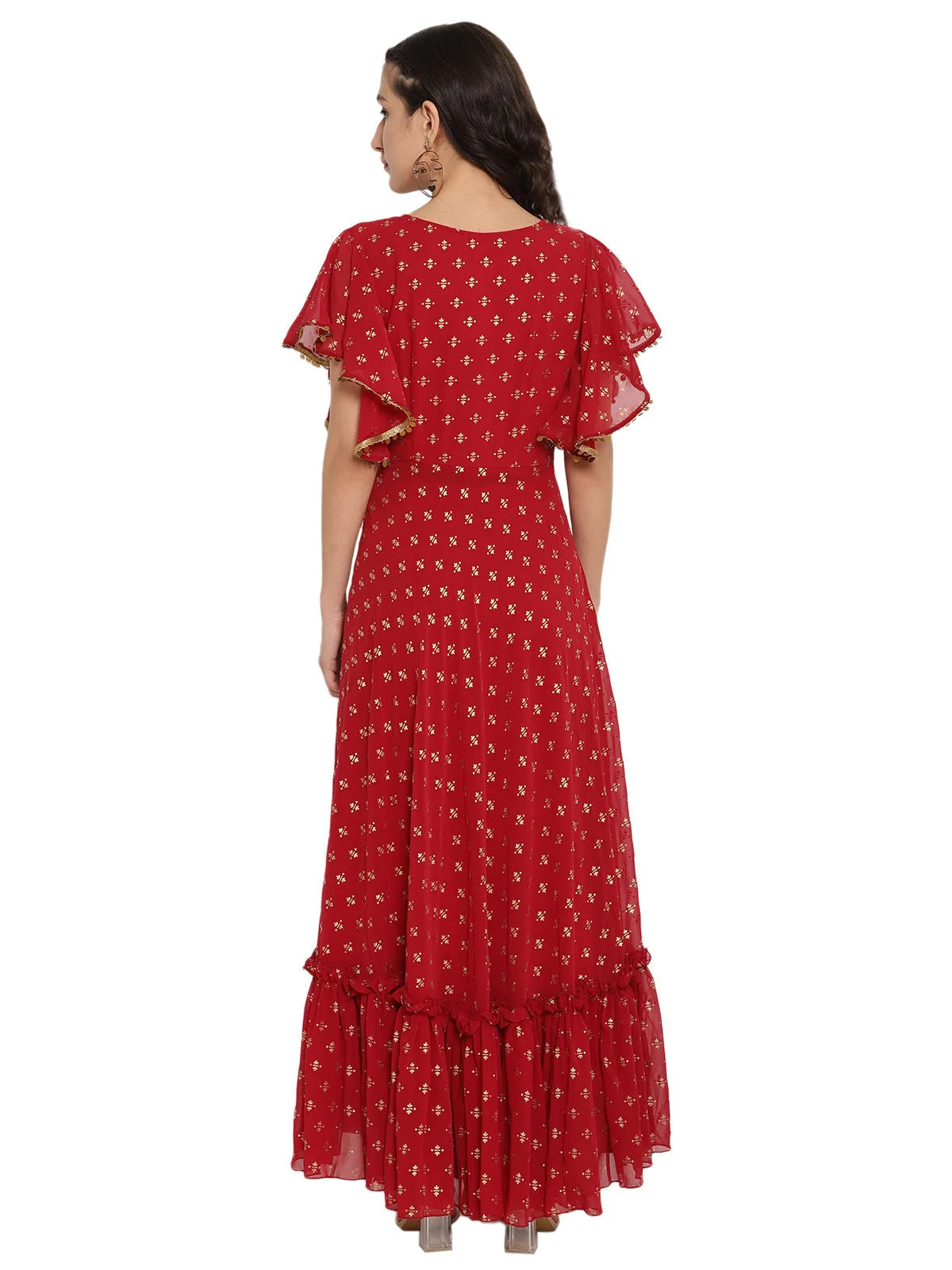 Maroon & Gold Printed Fit & Flare Dress | Indian Dresses