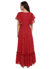 Maroon & Golden Printed Fit and Flare Maxi Dress-AHKUGRFPDS-859