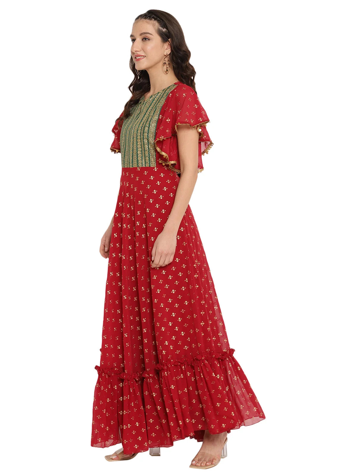 Maroon & Gold Printed Fit & Flare Dress | Indian Dresses