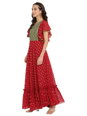 Maroon & Golden Printed Fit and Flare Maxi Dress-AHKUGRFPDS-859