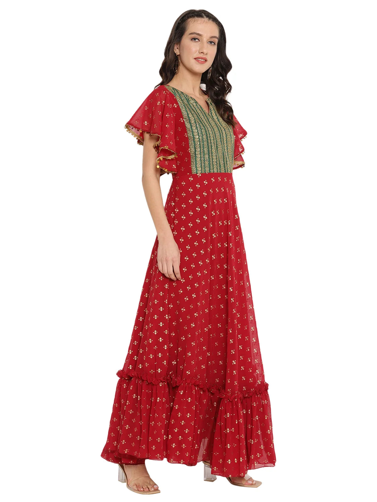 Maroon & Gold Printed Fit & Flare Dress | Indian Dresses