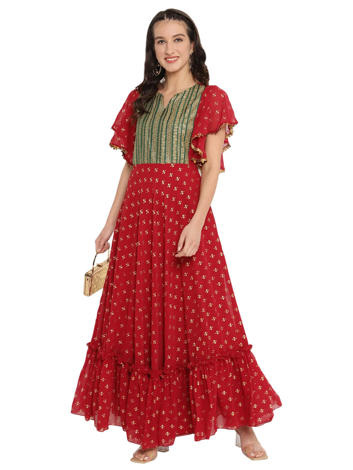 Maroon & Gold Printed Fit & Flare Dress | Indian Dresses