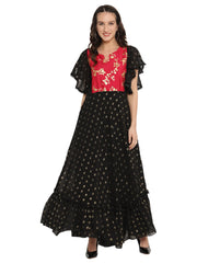 Black & Red Flared Ethnic Maxi Dress-AHKUGRFPDS-861
