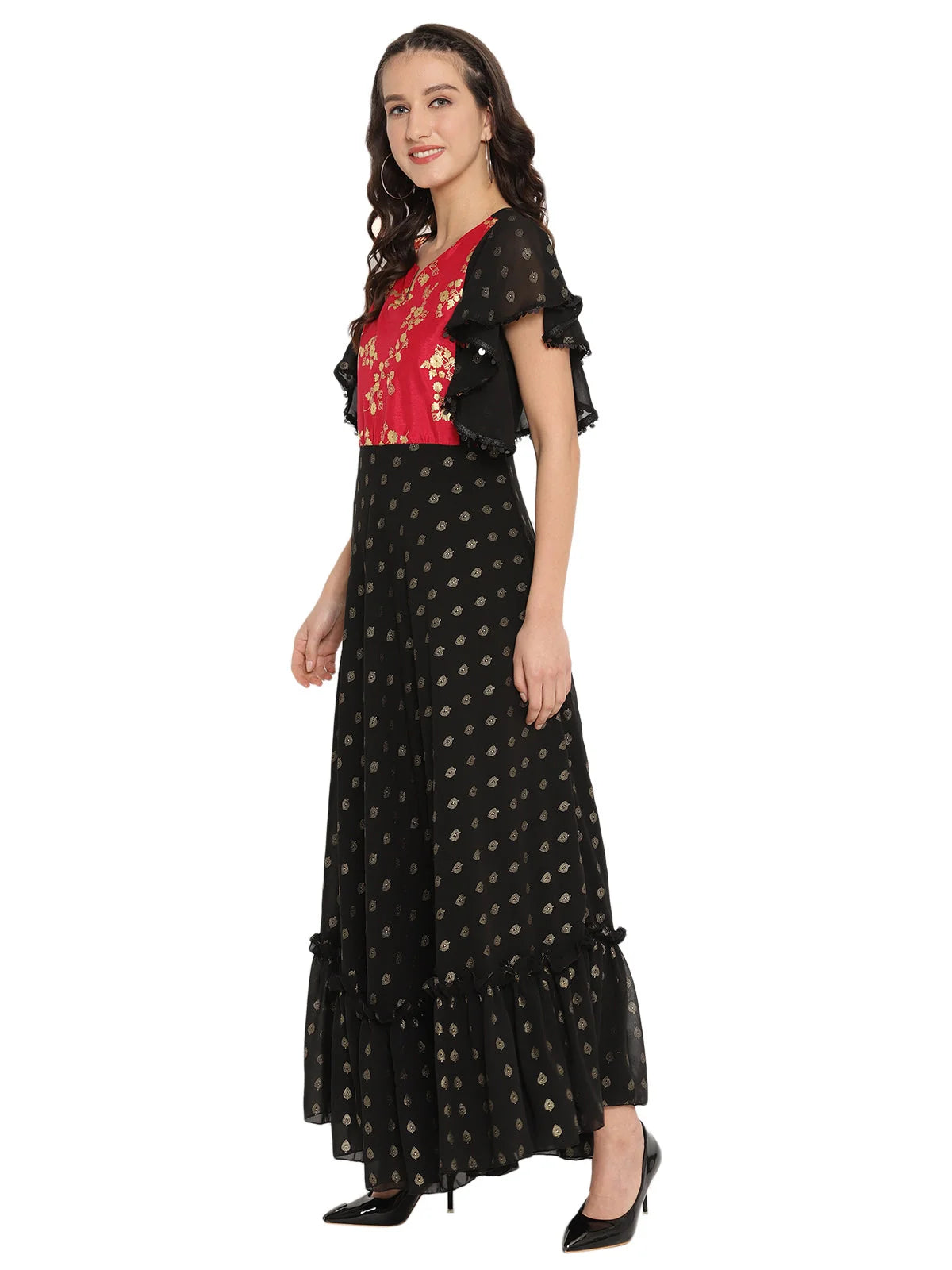 Black & Red Flared Ethnic Maxi Dress | Indian Dresses