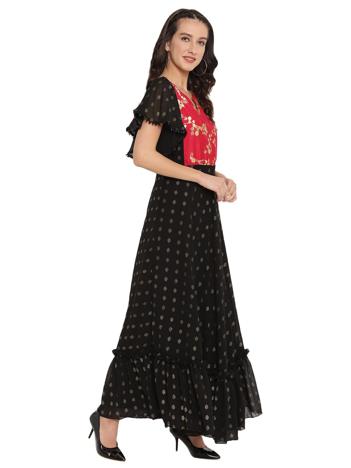 Black & Red Flared Ethnic Maxi Dress | Indian Dresses