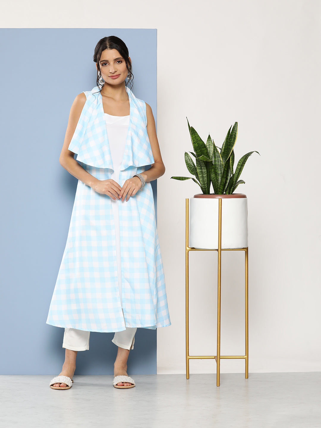 Women Blue & White Checked Kurta-AHKUJK-COMBO-601