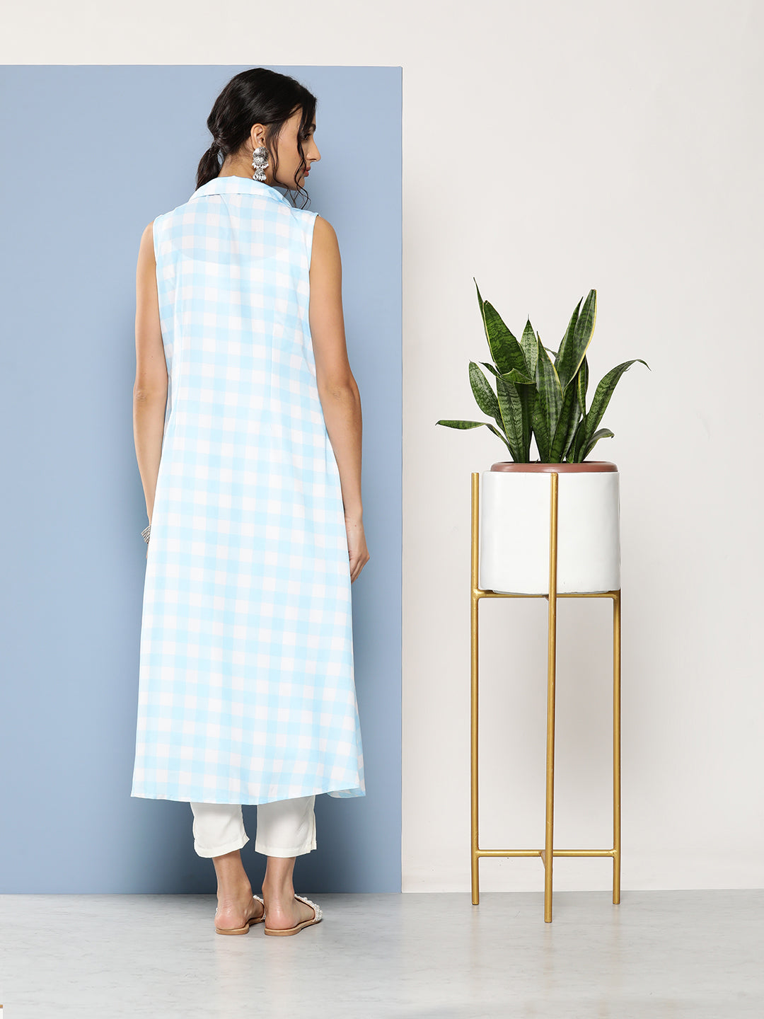 Blue & White Checkered Rayon Kurta - Modern Indian Kurtas