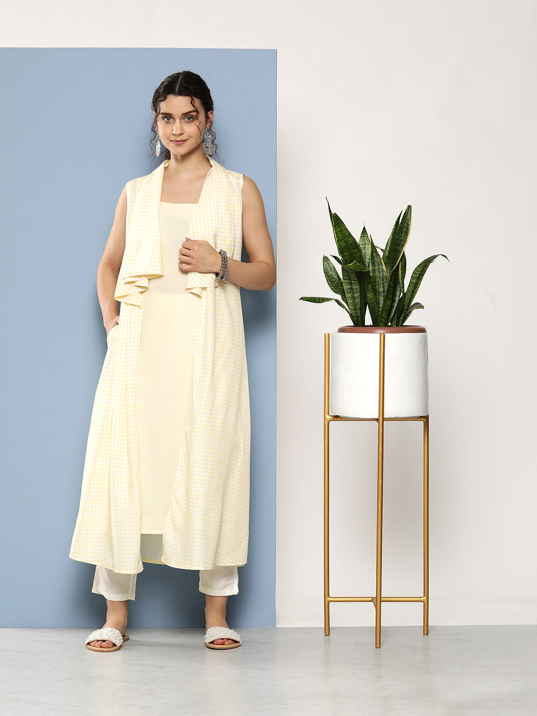 Women's Yellow & White Checked Polyester Indian Kurta