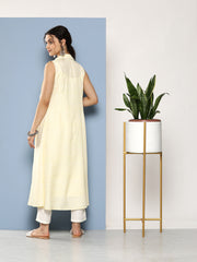 Women White & Yellow Checked Crepe Kurta-AHKUJK-COMBO-604