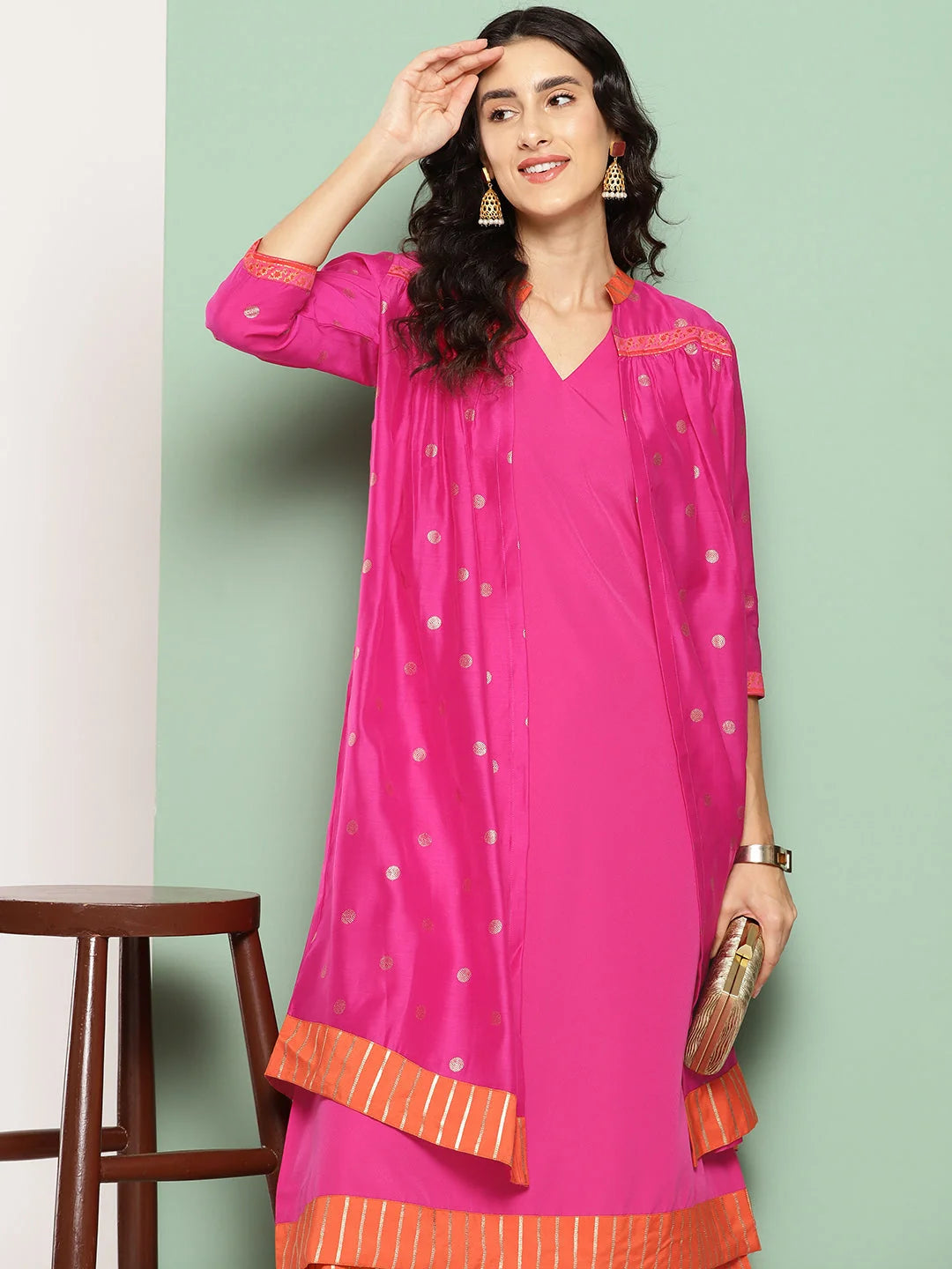 Pink Kurta and Palazzo Set with Jacket - Women's Ethnic Wear