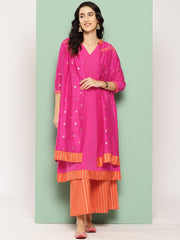 Pink Solid Kurta with Palazzos & Printed Jacket-AHKUJKPZ-COMBO-445-ICH